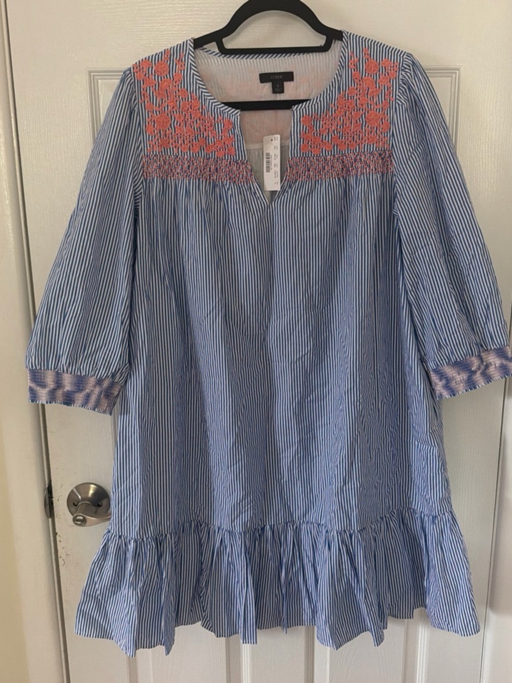 J. Crew Blue and White Stripe Dress with Coral Embroidered Yoke